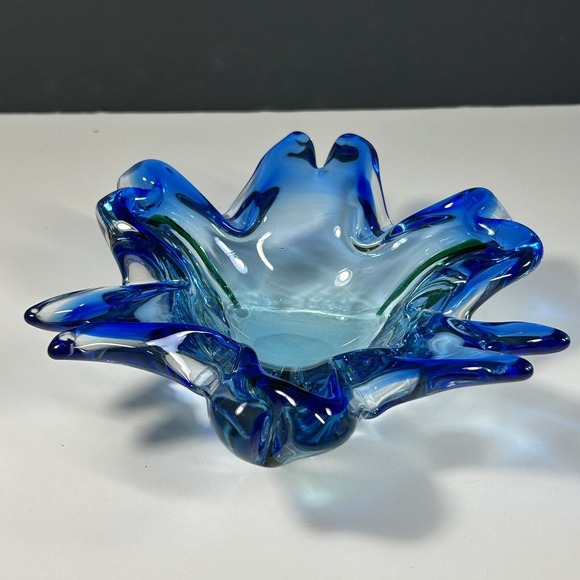 Hand-Blown  Style Art Glass Bowl - Blue & Green Wave Design - Picture 3 of 9